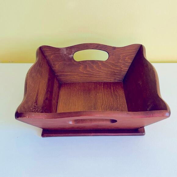 Vtg Mid Century Wood Square Fruit bread Bowl Centerpiece Decorative Handles - Picture 2 of 11
